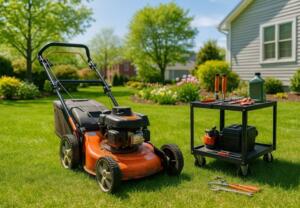 lawn mower and tools set up for spring tune-up