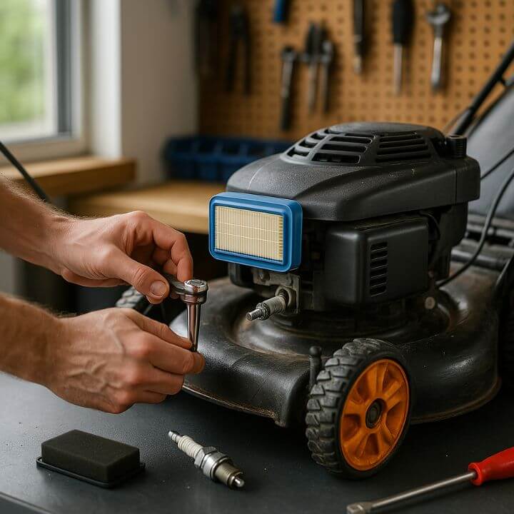 lawn mower engine being serviced