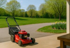 lawn mower outside open garage