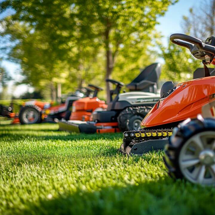 lawn mowers lined up outdoors