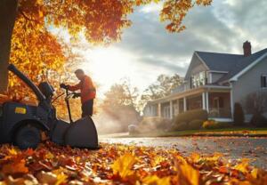 man servicing leaf blower amid autumn leaves