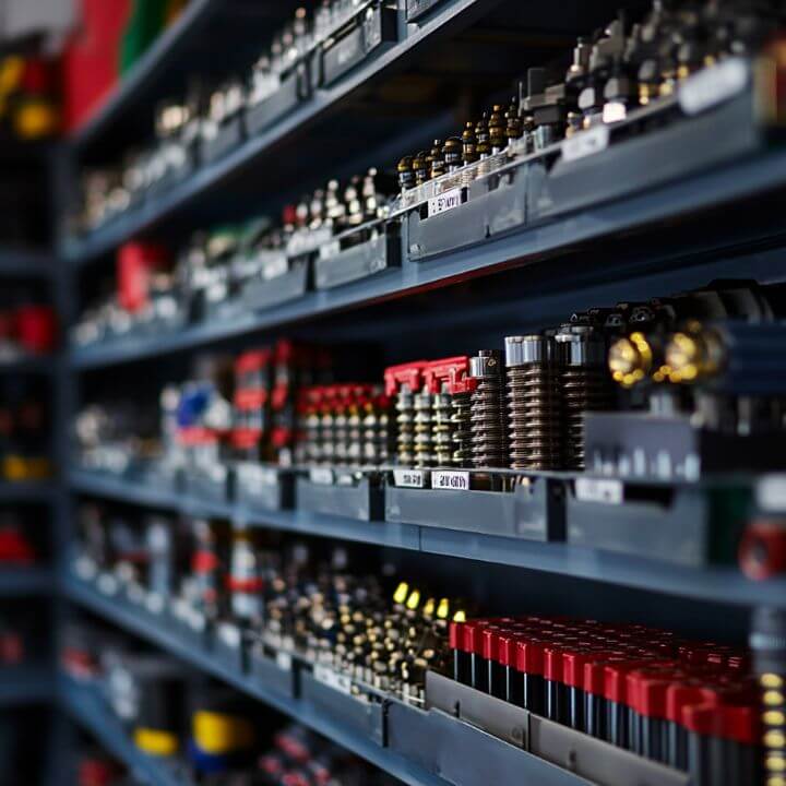 organized power equipment parts shelves