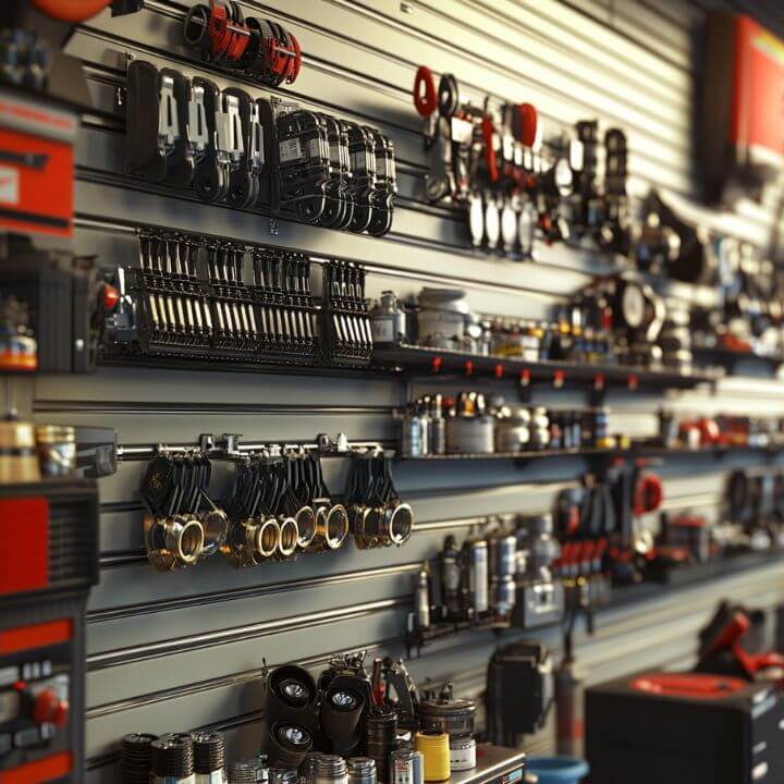 organized wall of power equipment parts