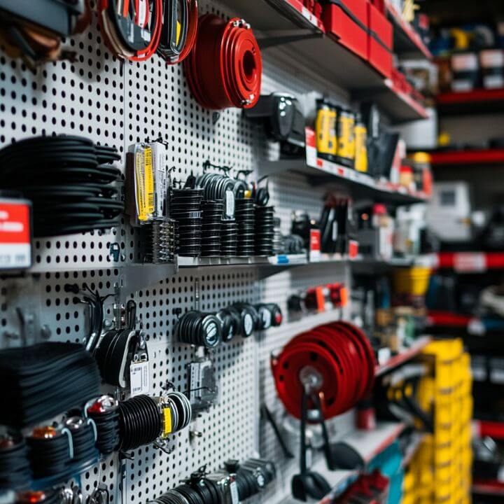 outdoor power equipment parts on display wall