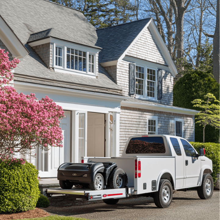 pickup truck hauling riding mower