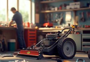 reel mower in repair shop