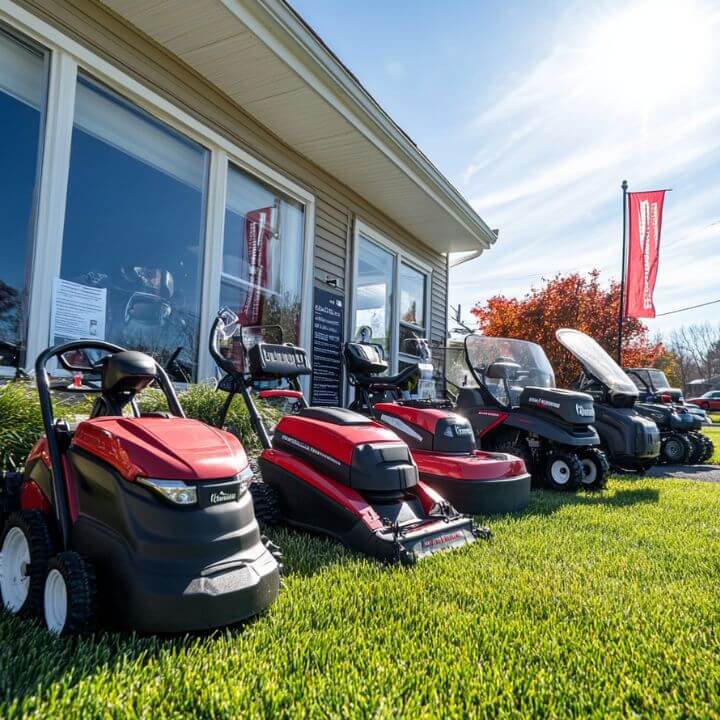 riding and push mowers on display