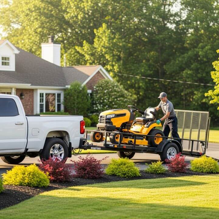 riding mower loaded on trailer