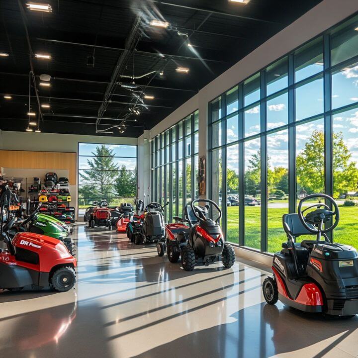 riding mowers in showroom