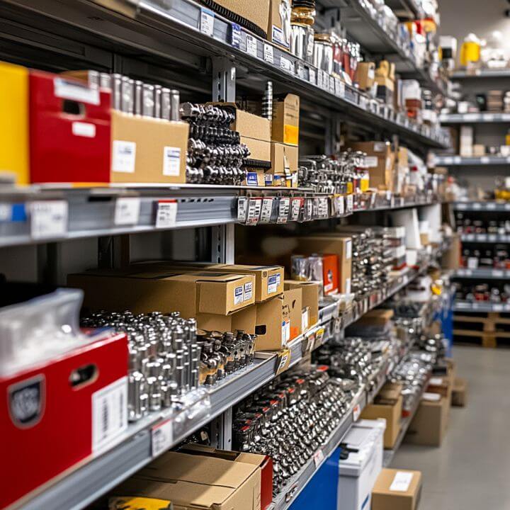 small engine parts and labeled boxes on shelves