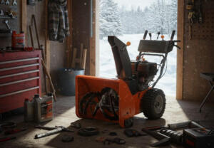 snow blower being serviced in a garage during winter