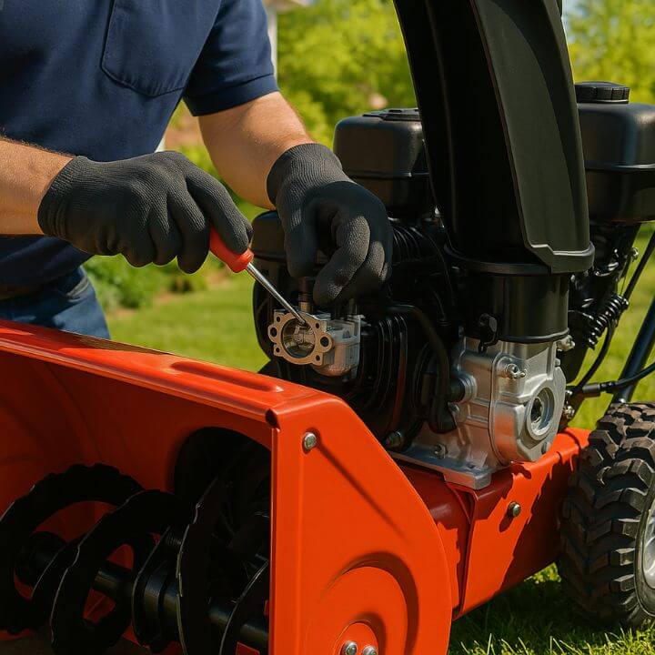 technician adjusting a red snow blower engine