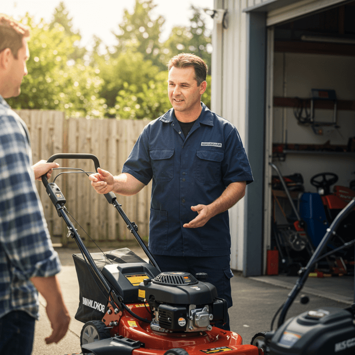 technician explaining lawn mower