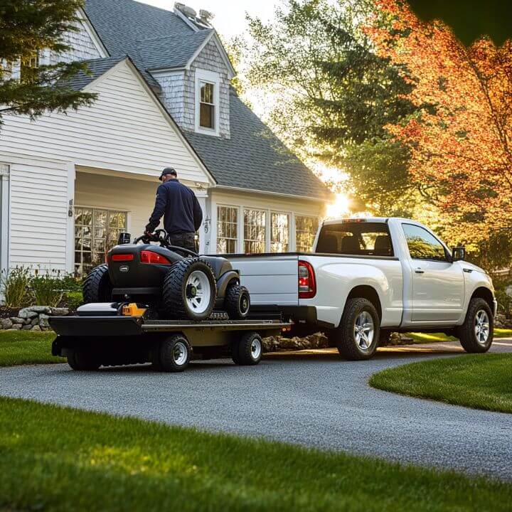 technician loading a riding mower onto a trailer