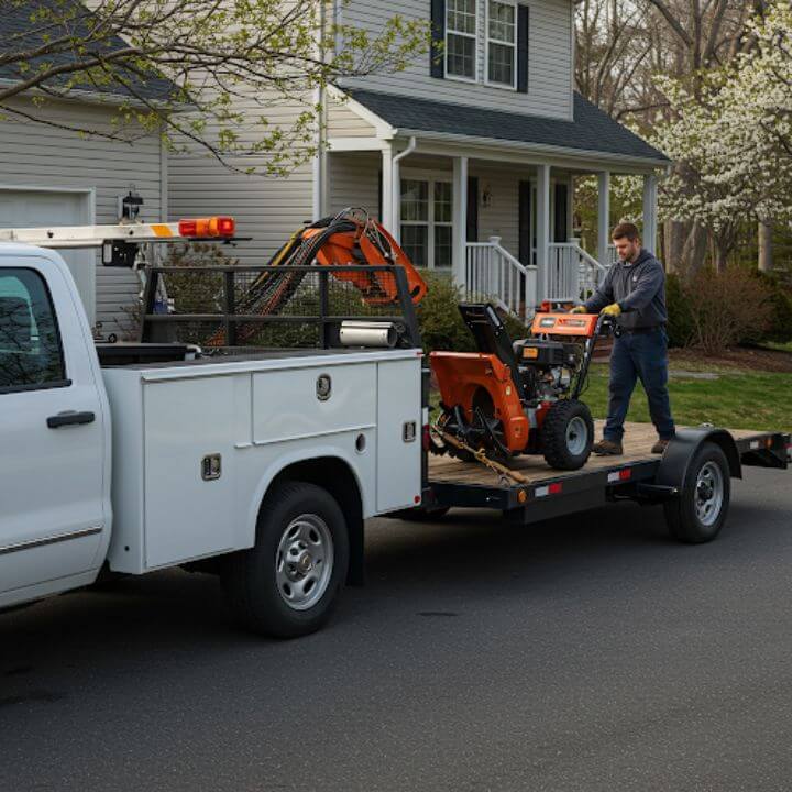 technician loading snow blower trailer