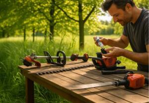 technician maintaining handheld trimmers