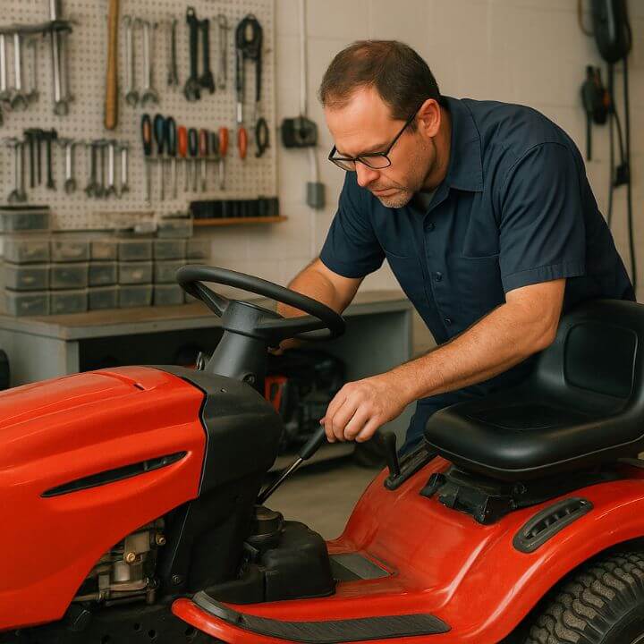 technician repairing a red riding mower