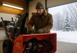 technician repairing snow blower