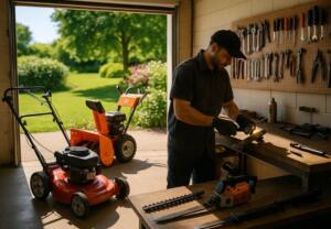 technician sharpening mower blade