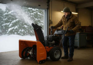 technician testing snow blower indoors