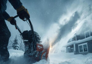 person using snow blower in heavy snow