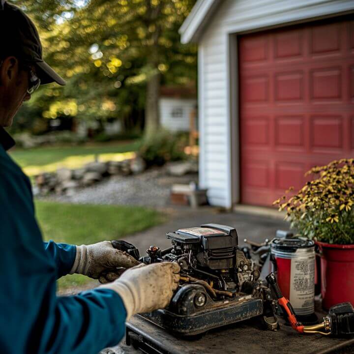 engine repair in backyard garage