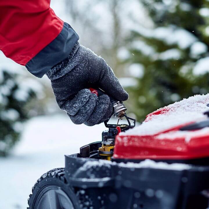 gloved hand fueling snow-covered mower