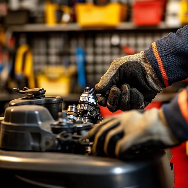 gloved hands repairing engine component