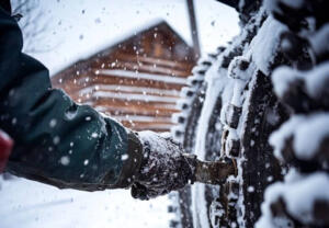 hand adjusting snowy tire chain