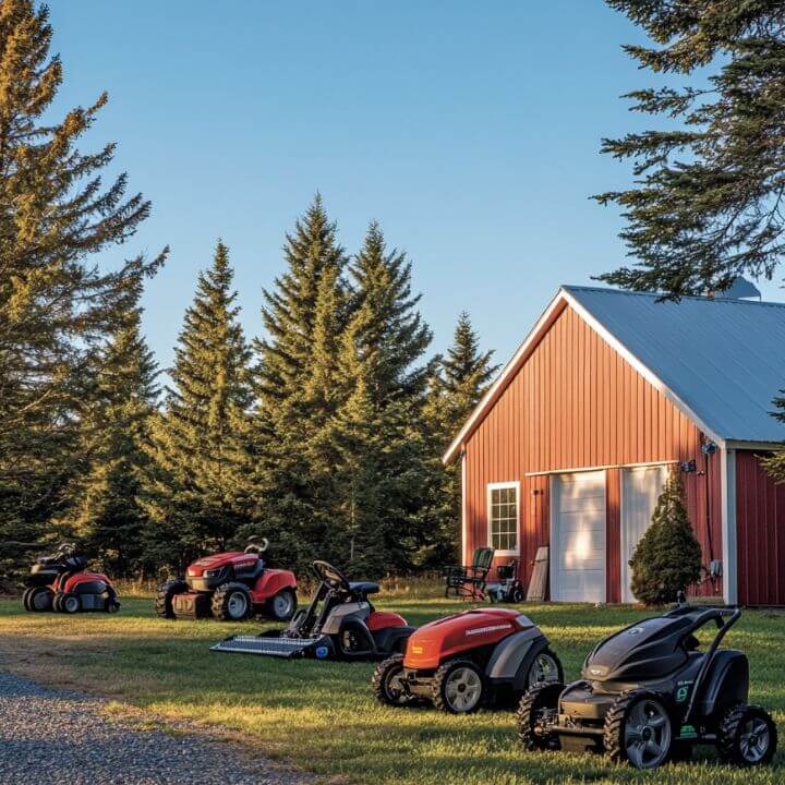 lawn mowers outside red barn