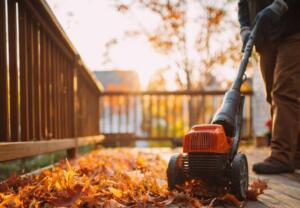 leaf blower clearing autumn leaves