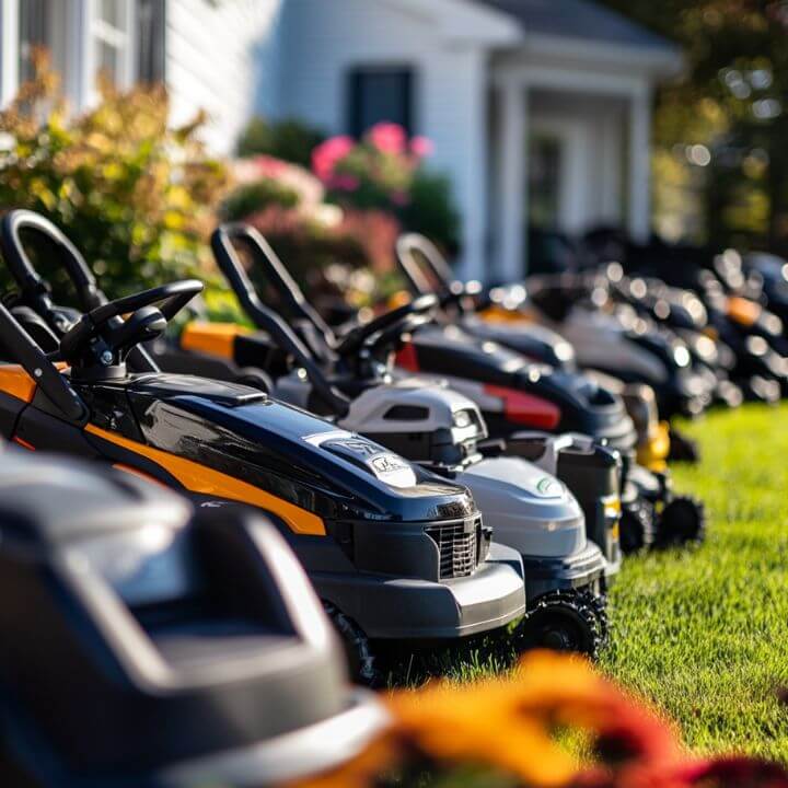 lineup of riding mowers lawnside