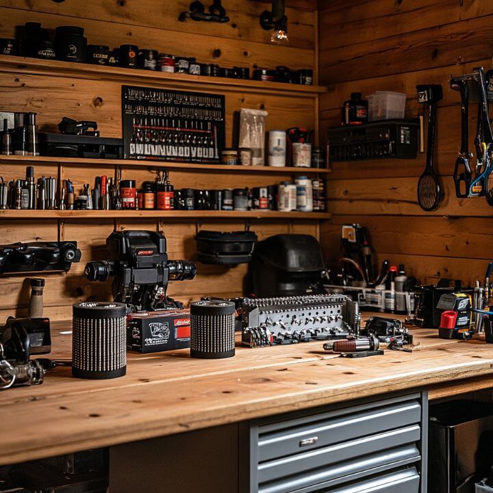 organized garage workbench with parts