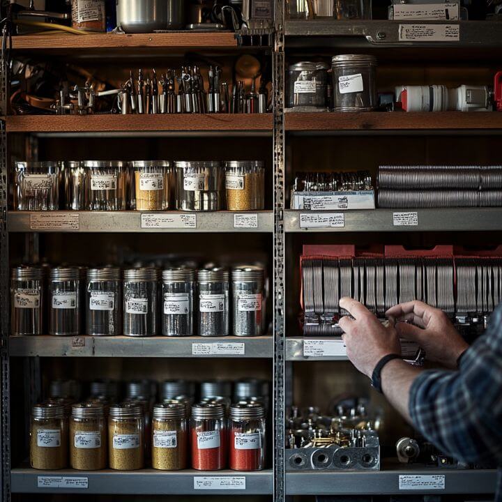 organized parts shelf with jars