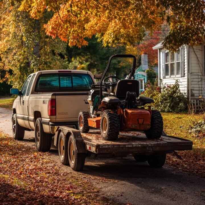 pickup truck hauling mower