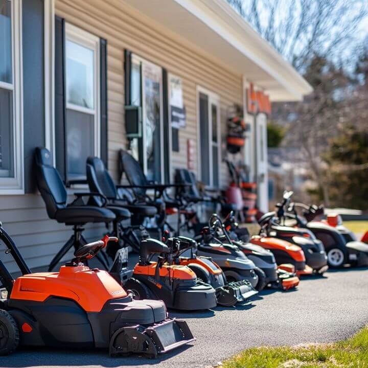 row of mowers outside shop