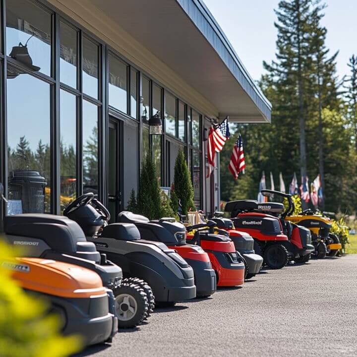 row of riding mowers outside equipment showroom
