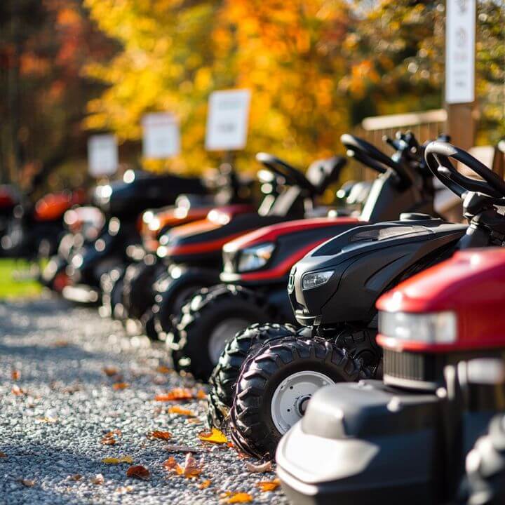row of riding mowers