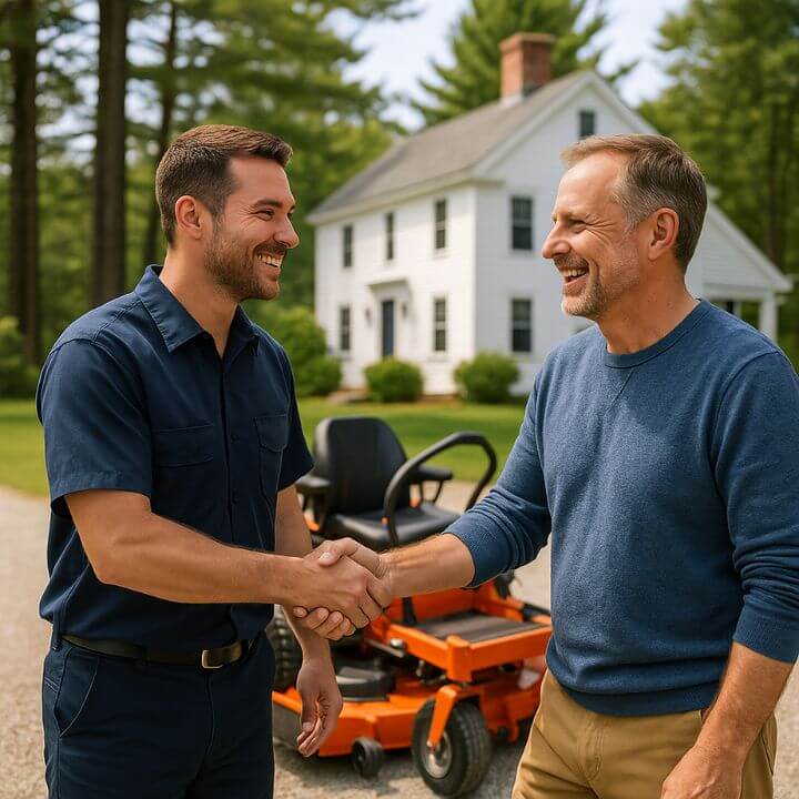 smiling technician and homeowner handshake beside mower
