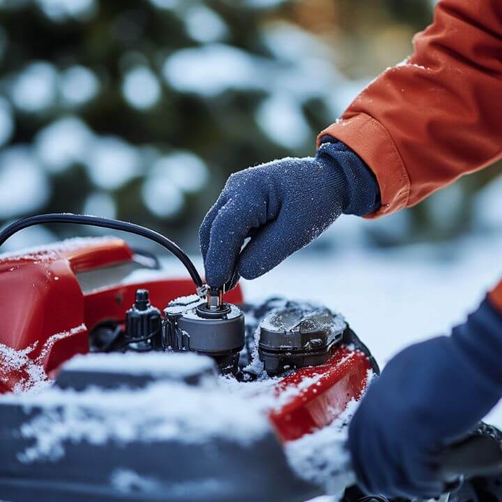 technician adjusting snowy engine