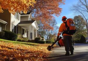 technician clearing autumn leaves