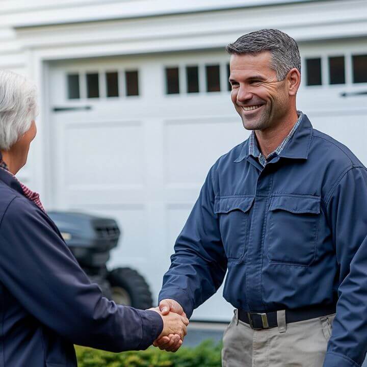 technician greeting homeowner with handshake
