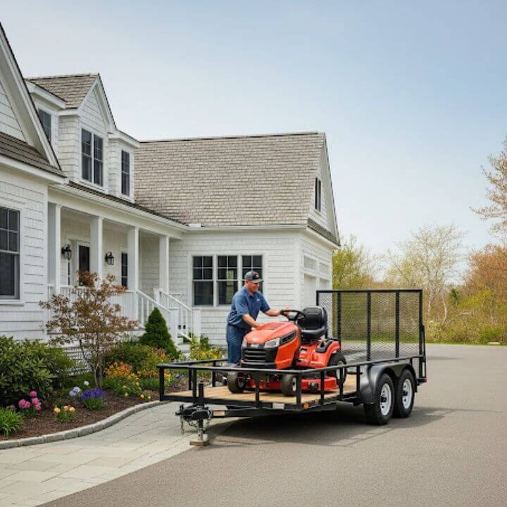 technician loading lawn mower onto utility trailer