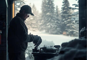 technician servicing snow blower indoors