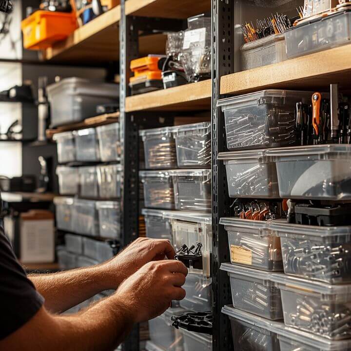 technician sorting labeled hardware bins
