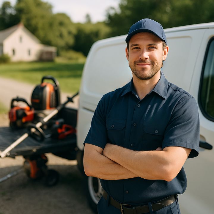 technician standing by service van with equipment