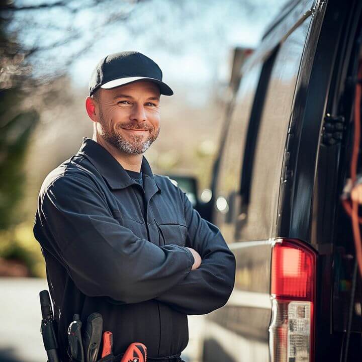 technician standing by service van