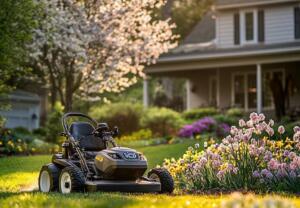 zero-turn mower on spring lawn