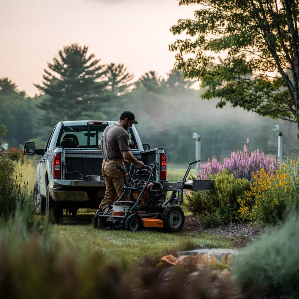 New Hampshire landscaper loading a walk-behind mower into a pickup truck surrounded by blooming garden flowers