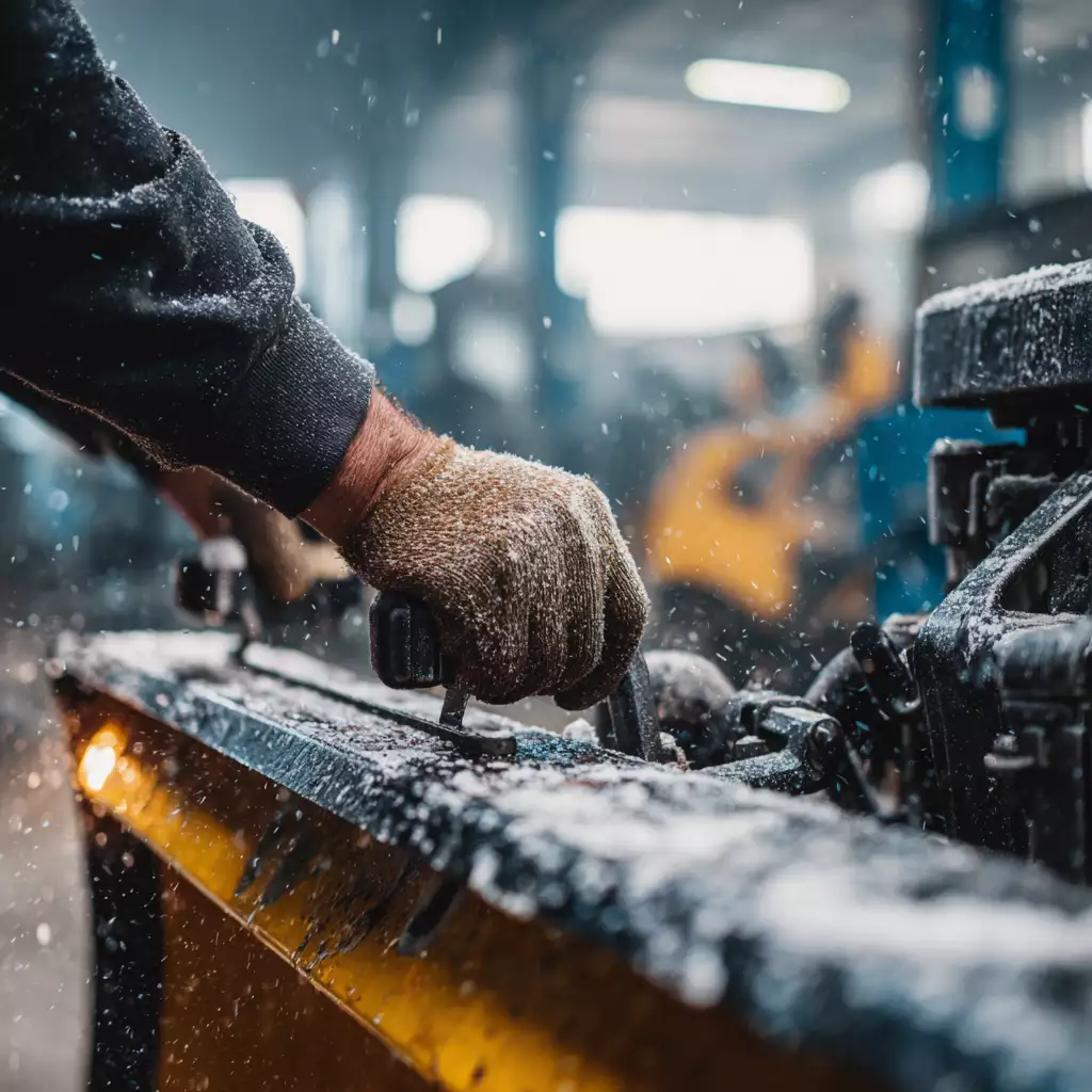 Technician wearing gloves adjusting controls on a snowblower inside a service shop with snow residue on equipment